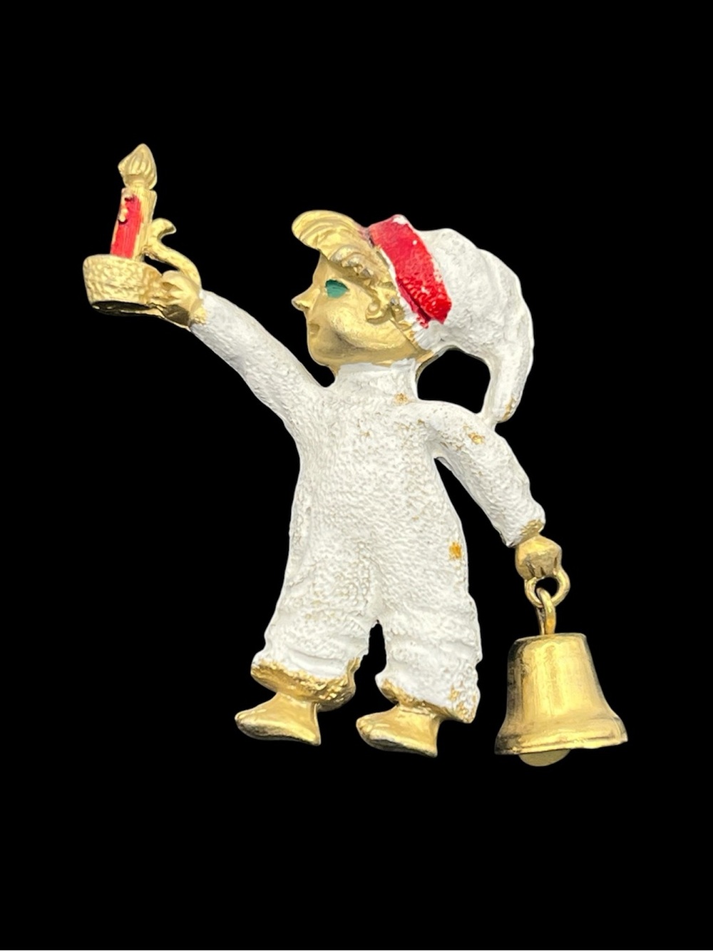 Christmas figural child carrying candle & bell enamel gold tone brooch pin